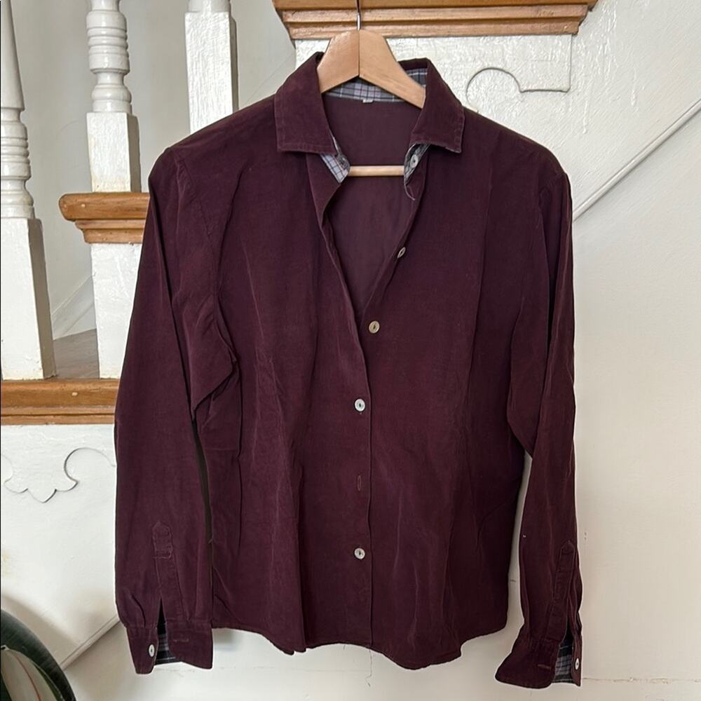 Burgundy Button Down Shirt with Cuffed Sleeves Size M velvet corduroy